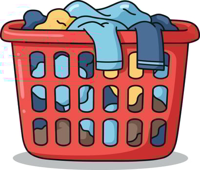 A colorful laundry basket filled with assorted clothing items designed in a flat style, showcasing everyday domestic life in vibrant art vector