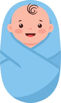 Cute smiling baby wrapped in a soft blue blanket, showcasing flat design style in cheerful art vector