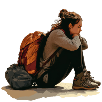 A tired woman traveler rests on the ground with a backpack after a long journey in an unknown location, file no background Tired traveler woman waiting alone png
