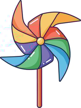 Colorful pinwheel spinning in a gentle breeze featuring flat design elements, evoking a sense of joy and childhood nostalgia in vibrant art vector