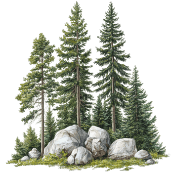 A serene spruce forest with prominent rocks set against lush greenery in a tranquil, natural landscape, spruce forest with rocks, file of isolated object on transparent background png