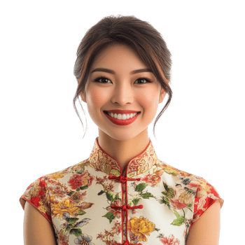 A joyful Chinese woman in a floral outfit smiles brightly in a natural light setting, a portrait photo of beautiful smiling chinese woman in a qipao,isolated transparent background png