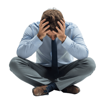 A sad man sits on the floor in a formal outfit, deeply distressed while holding his head in his hands, sad man is going through a crisis or is sick, file of isolated object on transparent background png