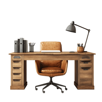 Elegant wooden workspace featuring a leather armchair and a stylish desk lamp, perfect for creative productivity, Stylish Wooden Workspace with Leather Armchair and Modern Lamp on transparent png