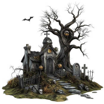 Chilling graveyard with eerie trees and haunted house illuminated by jackolanterns for Halloween, Spooky Halloween Graveyard Haunted Cemetery Scene Isolated on transparent background png