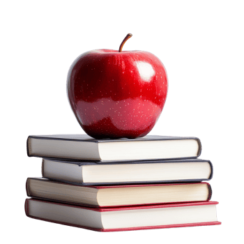 A red apple rests atop a stack of neatly arranged books on a plain transparent background for an educational setting, Red Apple on Stack of Books on transparent background School Learning Concept png