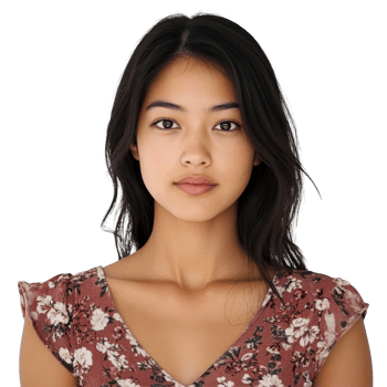Carissa poses serenely against a transparent background, showcasing her natural beauty and soft features in a floral top, carissa isolated on transparent background png