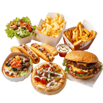 An array of fresh fast food options featuring burgers, hot dogs, and fries artfully displayed on a transparent background, Fresh different type fast food on a transparent background png
