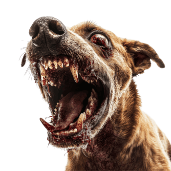 A terrifying zombie dog with bloodied fur and a fierce growl on a plain transparent background, Scary zombie dog on transparent background png
