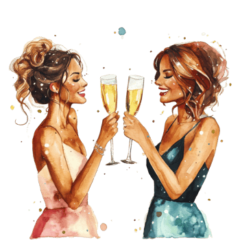 Two women celebrating life with champagne toasts in stylish dresses on a bright background, Beautiful Women Toasting with Champagne on transparent background png