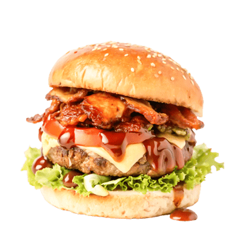 Delicious BBQ Bacon Cheeseburger with Sesame Bun, Close-up Food Photography png