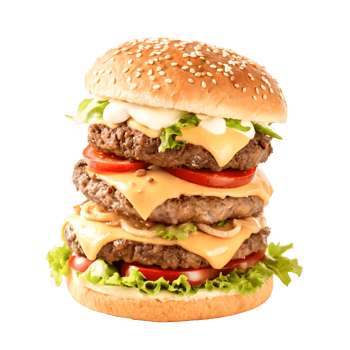 Delicious Triple Cheeseburger with Sesame Seed Bun, Melted Cheese, and Fresh Veggies png