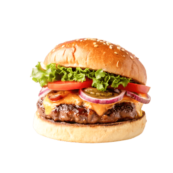 Juicy Cheeseburger with Sesame Bun, Lettuce, Tomato, and Onion Rings png