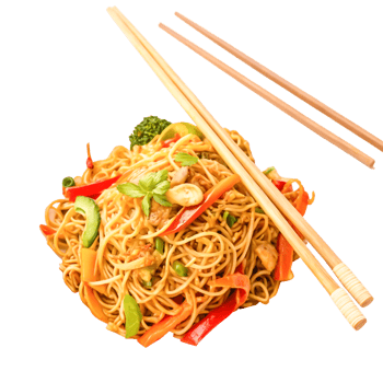 Delicious Chicken Lo Mein Noodles with Colorful Vegetables and Chopsticks png