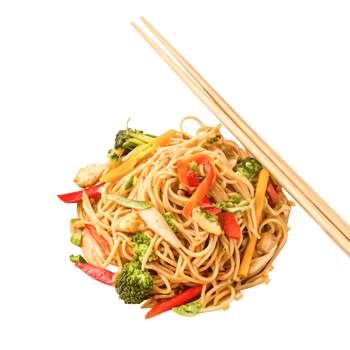 Delicious Chicken Lo Mein Noodles with Colorful Vegetables Chopsticks png