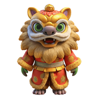 dramatic rustic Chinese New Year Lion Dance Costume with Fur Isolated original png