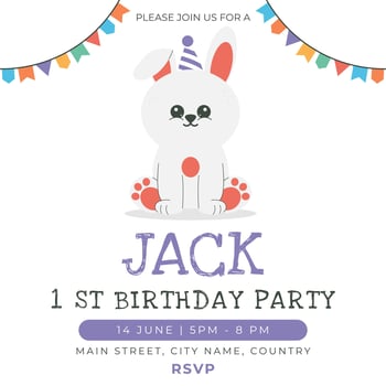 Greeting and invitation card for kids first Birthday party. Cute baby bunny, rabbit in flat childrens style. illustration, design for card, poster, banner vector