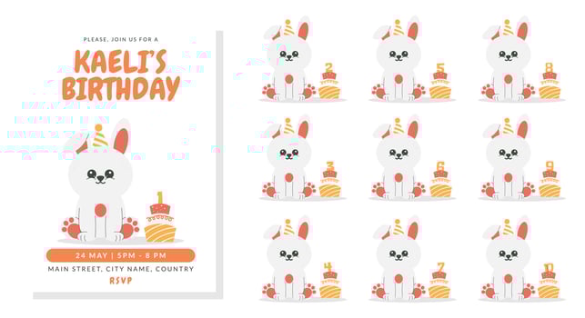 Greeting and invitation for kids Birthday party. Cute rabbit in hat and cake with number in flat childrens style. illustration collection, design for card, poster, event, prints vector