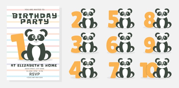 Greeting and invitation card for kids Birthday party. Cute baby panda and numbers in flat childrens style. illustration, design for card, poster, event vector