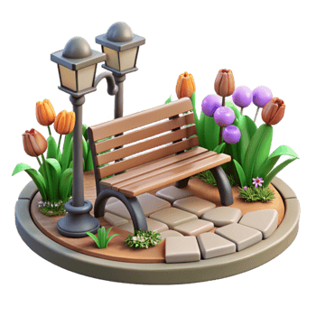 wonderful vintage City Park with Benches and Flowers Isolated genuine png