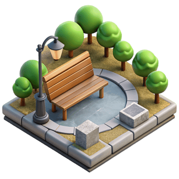 wonderful vintage City Park with Benches and Flowers Isolated authentic png