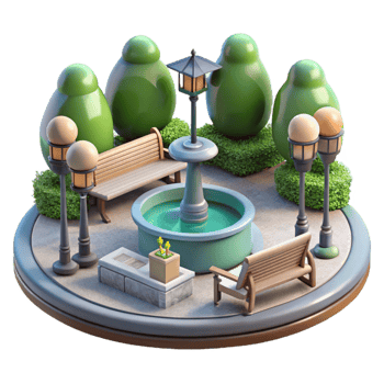 impressive rustic City Park with Fountain and Benches Isolated detailed png