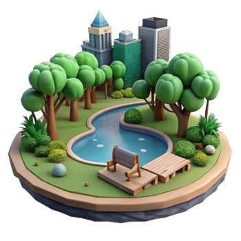 vibrant contemporary City Park with Lake and Trees Isolated high quality png