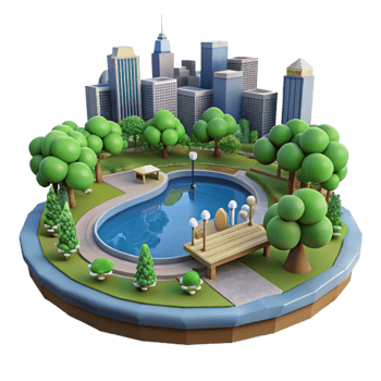 beautiful artistic City Park with Lake and Trees Isolated genuine png