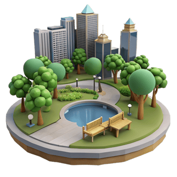 elegant artistic City Park with Lake and Trees Isolated high resolution png