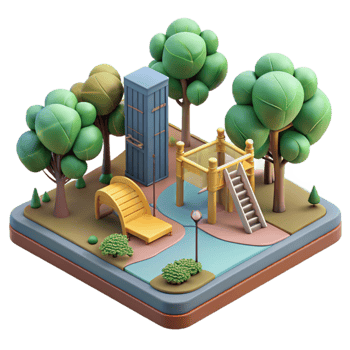 dramatic rustic City Park with Playground and Trees Cutout Element exclusive png