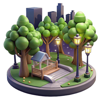 serene traditional City Park with Trees Night View Isolated png