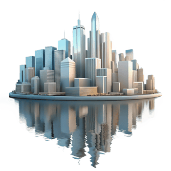 serene modern City Skyline Reflection in Water Isolated high quality png