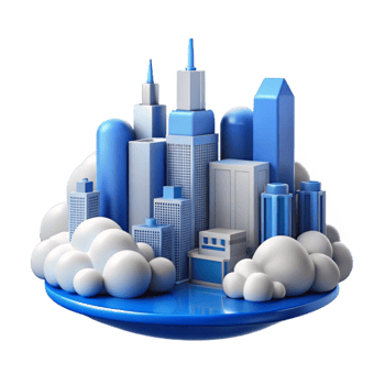 vibrant modern City Skyline with Clouds Blue Transparent Background premium png