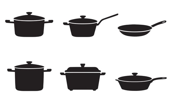 Minimalistic cookware drawing cooking pots icon set vector