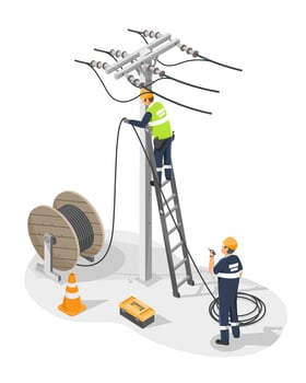 fiber optic cable internet broadband installation on Electric pole Technicians team service isometric isolated cartoon vector