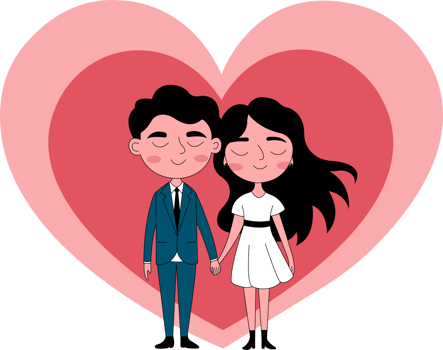 Cartoon couple holding hands in front of a heart png