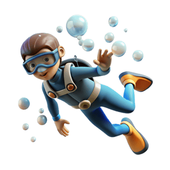 serene classic Diver Ascending Surface Bubbles Rising Transparent Background authentic png