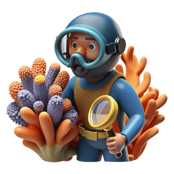 serene traditional Diver Examining Coral Cutout Close Up View high resolution png