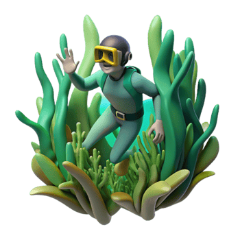 extraordinary minimalist Diver Swimming Through Kelp Forest Cutout Green Hues detailed png