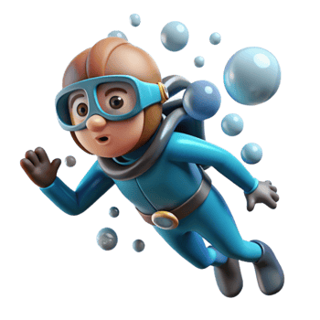 vibrant creative Diver Underwater Bubbles Rising Transparent Background premium png