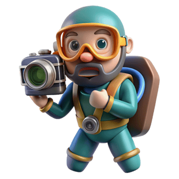 wonderful vintage Diver with Underwater Camera Isolated Side Angle detailed png