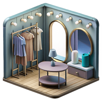 serene vintage Dressing Room with Mirrors and Clothing Racks Transparent Background high quality png