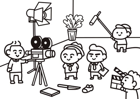 Actor filming at studio coloring pages style. vector