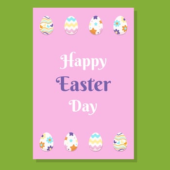 Cute Easter with Happy Easter Day text on a pastel pink background. Decorated eggs with floral, star, and wave patterns. Perfect for greeting cards, posters, invitations, and festive designs. vector