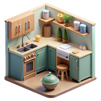 vibrant contemporary Eco Friendly Kitchen Interior Isolated with Appliances detailed png