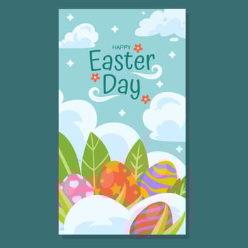 Festive Easter illustration featuring colorful decorated eggs among lush green leaves and soft clouds. The cheerful Happy Easter Day text enhances the joyful spring celebration theme. vector