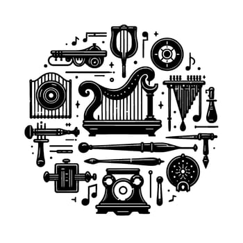 A Black and White Circular Composition Featuring Vintage Musical Instruments and Audio Devices, a Symphony of Artistry. vector