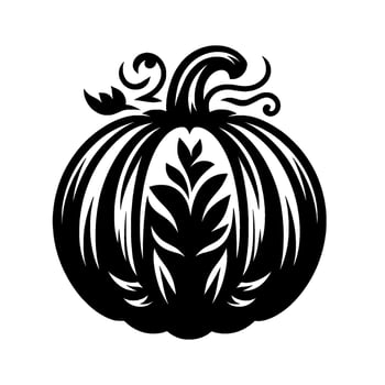 A stylized black and white illustration of a pumpkin featuring internal leaflike patterns and swirly tendrils, evoking a decorative harvest feel. vector