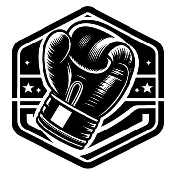 Monochrome Boxing Glove Emblem within a Hexagonal Frame, Featuring Stars, Geometric , and Graphics. vector
