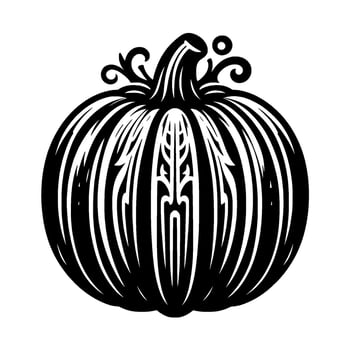 Ornate Black and White Pumpkin Illustration A striking, symmetrical on a white backdrop with intricate line work, perfect for fall decor. vector